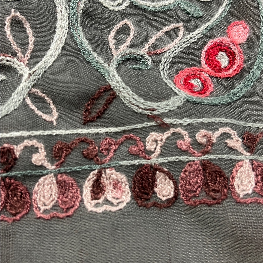 BOHO Granola Girl Paisley/Foliage Border Embroidered 28' x 74" Grey Sage Scarf - Picture 7 of 15